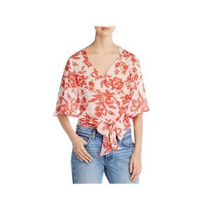 RED HAUTE Womens Coral Tie Sheer Bell Sleeve Surplice Neckline Wrap Top XS